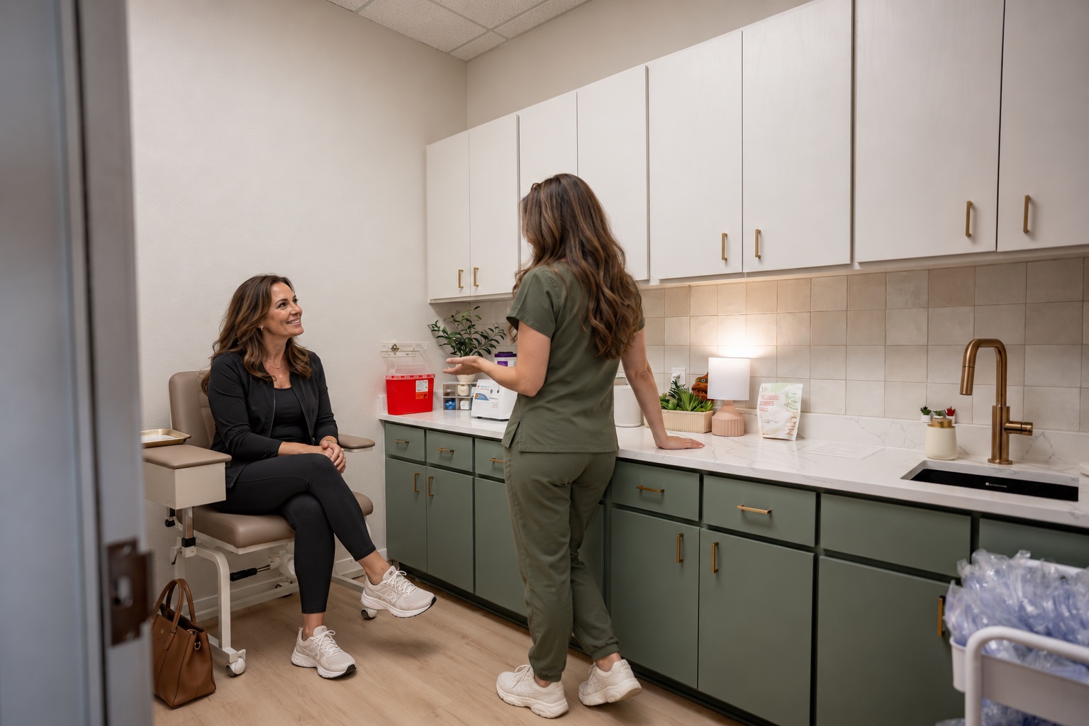 A Nuvitru clinician talking with a patient in the clinic blood draw room while preparing for fertility care