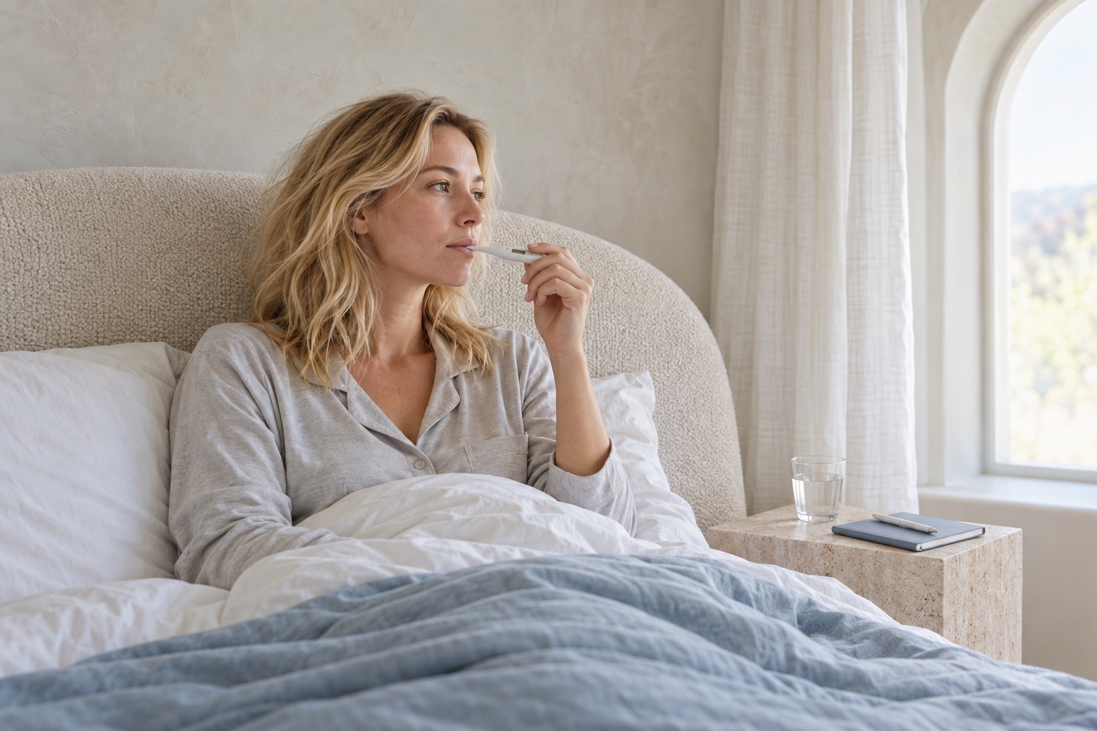 A woman taking her basal body temperature with an oral thermometer while sitting in bed