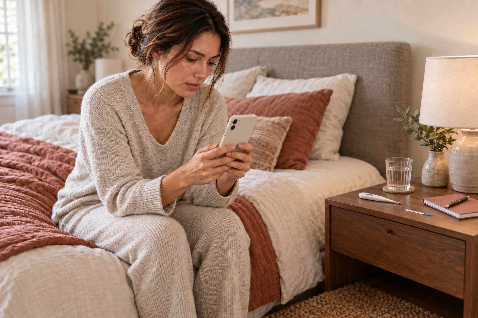 A woman looking at her phone while sitting on a bed with a thermometer and test strip on the bedside table