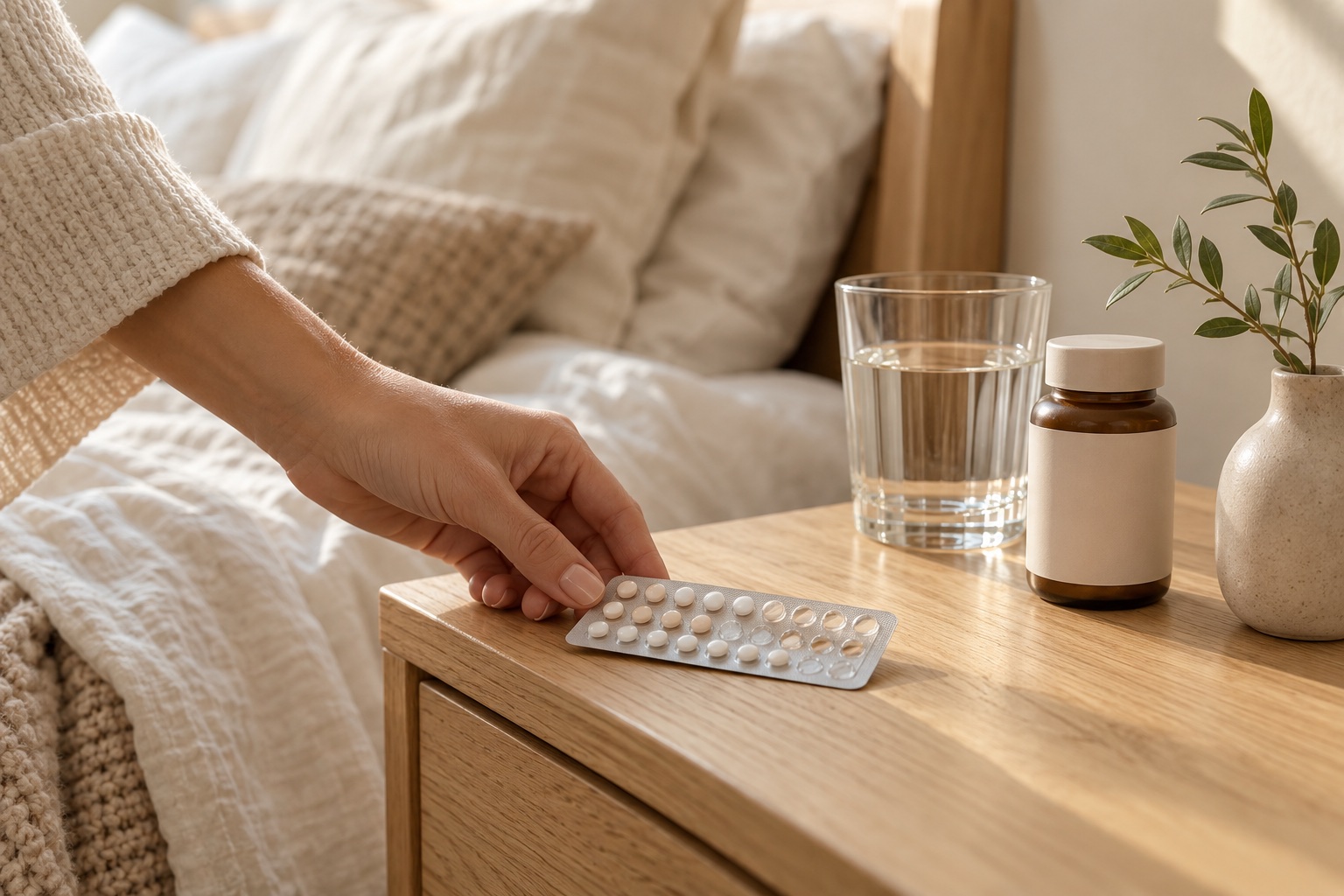 A woman reaching for birth control pills while preparing to stop birth control before trying to get pregnant