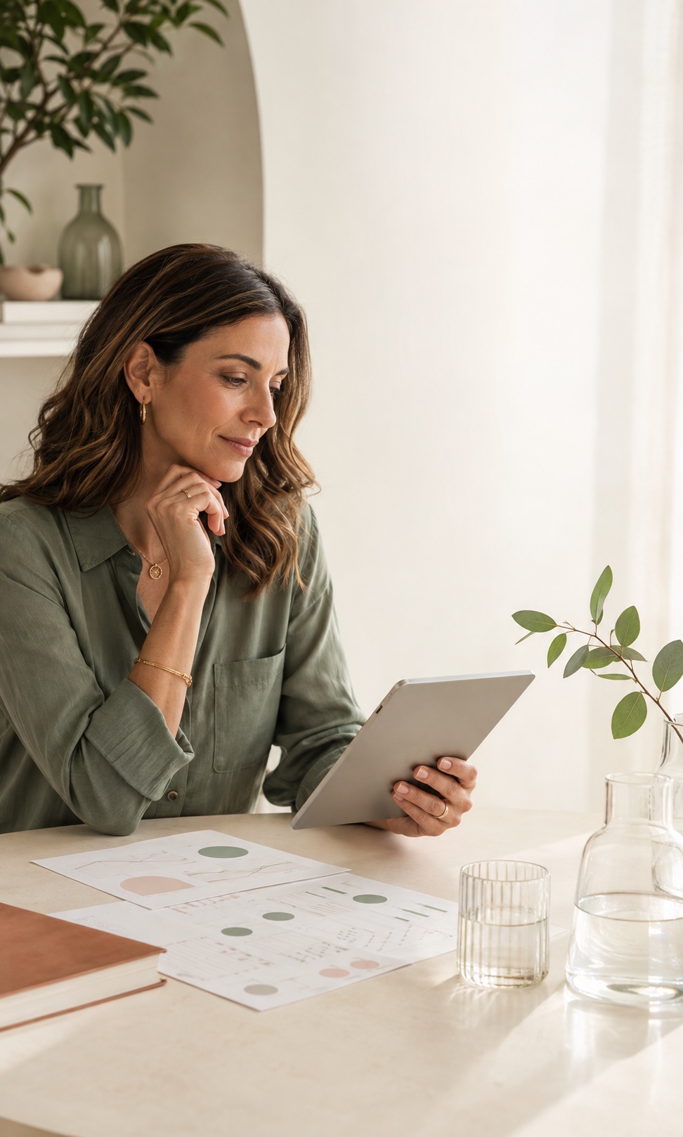Woman reviewing wellness reports and a tablet for the Nuvitru Precision Year program