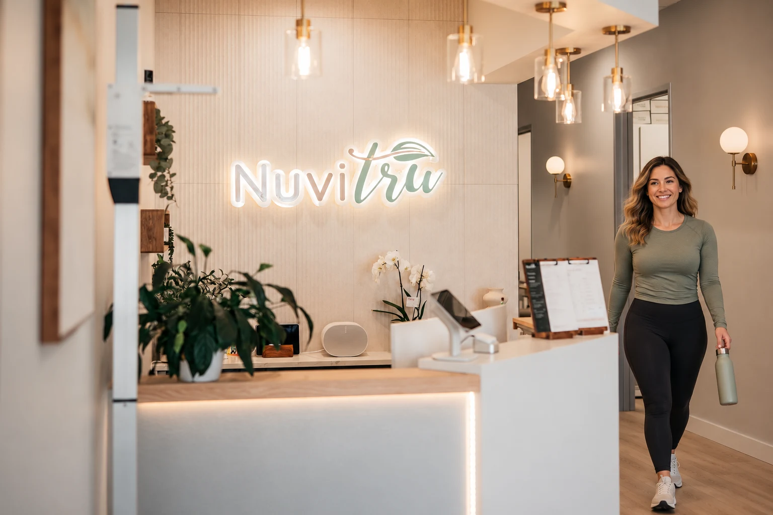 Woman walking through reception beside the illuminated Nuvitru sign