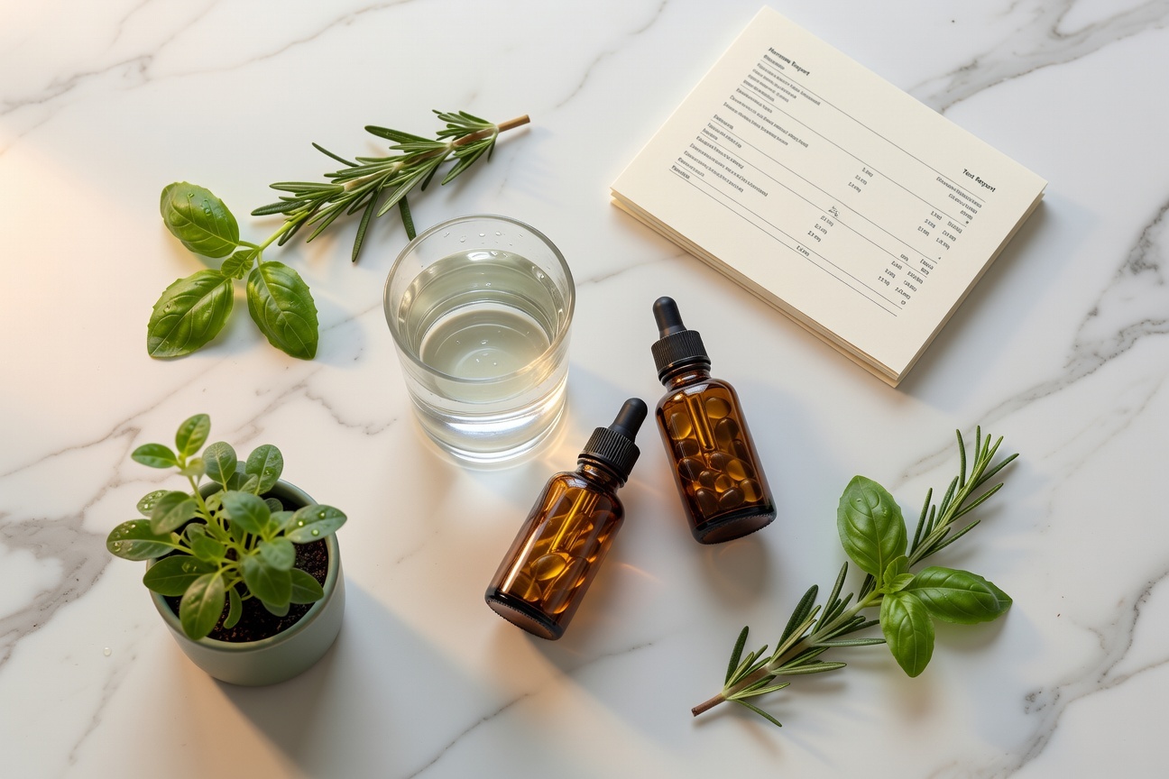 Functional nutrition supplements and hormone test results on a marble surface